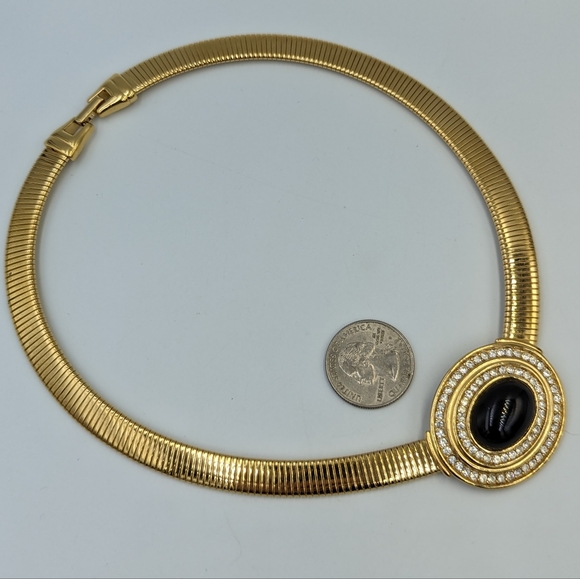 Vintage Gold Tone Snake/Omega Chain Black Lucite Cabachion Rhinestones Necklace - Picture 8 of 12